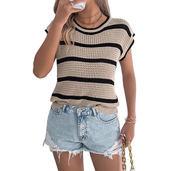 Womens Sweater Tops Round Neck Striped Short Sleeve Casual Trendy Vest