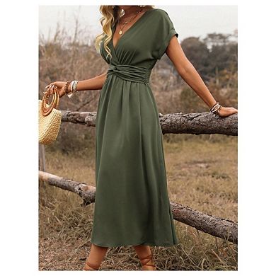 Womens Casual V Neck Long Sleeves Empire Waist Modest A Line Midi Dresses
