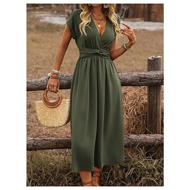 Womens Casual V Neck Long Sleeves Empire Waist Modest A Line Midi Dresses