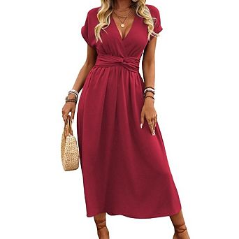 Womens Casual V Neck Long Sleeves Empire Waist Modest A Line Midi Dresses