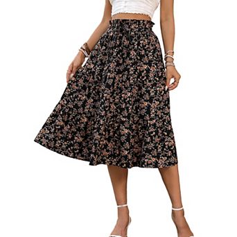 Women's Floral Tiered Midi Skirt - Smocked Elastic High Waist Ruffle Casual Summer Skirt