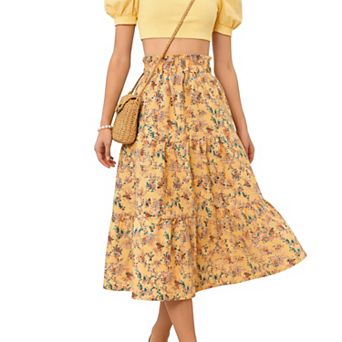 Women's Floral Tiered Midi Skirt - Smocked Elastic High Waist Ruffle Casual Summer Skirt