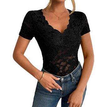 Women's Summer Floral Lace V Neck Short Sleeve Top Sheer Blouse Casual Slim Fit Shirt