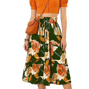 Women's Floral Print Tiered Midi Skirt Elastic Waist Tie Casual Summer Skirt