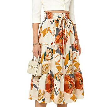 Women's Floral Print Tiered Midi Skirt Elastic Waist Tie Casual Summer Skirt