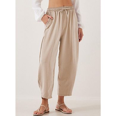 Womens High Waisted Baggy Drawstring Elastic Waisted Ankle Length Palazzo Casual Pants with Pockets