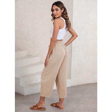 Womens High Waisted Baggy Drawstring Elastic Waisted Ankle Length Palazzo Casual Pants with Pockets