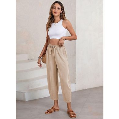 Womens High Waisted Baggy Drawstring Elastic Waisted Ankle Length Palazzo Casual Pants with Pockets
