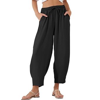 Womens High Waisted Baggy Drawstring Elastic Waisted Ankle Length Palazzo Casual Pants with Pockets