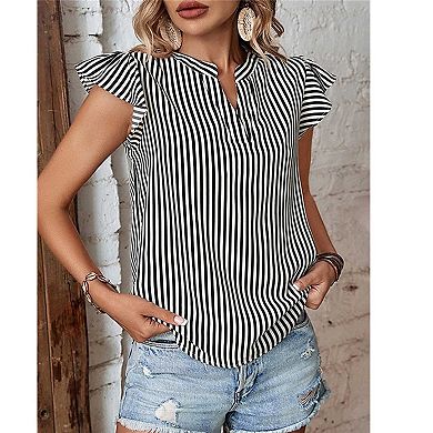 Women's Striped Ruffle Sleeve Blouse, V Neck Split Collar Office Work Shirt