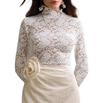 Women's Summer Floral Lace Turtleneck Top Sheer Long Sleeve Blouse Soft Casual Shirt
