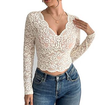 Women's Lace Slim Fit V Neck Long Sleeve Crop Top Summer Sheer Floral Blouse Casual Soft Top