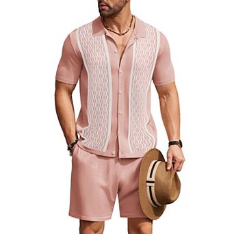 COOFANDY Men's 2 pc Shirt Sets Vintage Knit Short Sleeve Button Down Polo Shirts Shorts Outfits