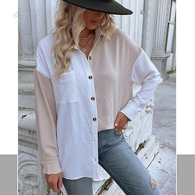 Womens Color Block Button Down Shirts Causal Long Sleeve Oversized Boyfriend Blouses Tops