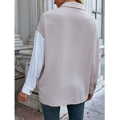 Womens Color Block Button Down Shirts Causal Long Sleeve Oversized Boyfriend Blouses Tops