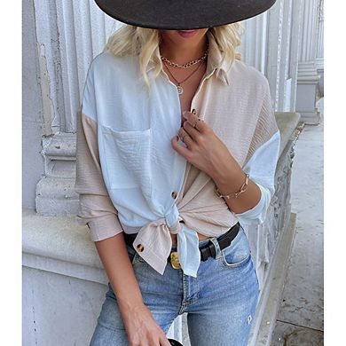 Womens Color Block Button Down Shirts Causal Long Sleeve Oversized Boyfriend Blouses Tops