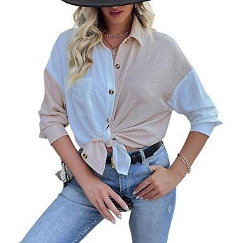 Womens Color Block Button Down Shirts Causal Long Sleeve Oversized Boyfriend Blouses Tops