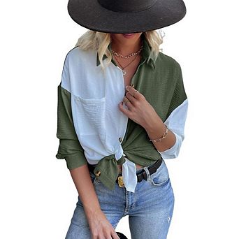 Womens Color Block Button Down Shirts Causal Long Sleeve Oversized Boyfriend Blouses Tops