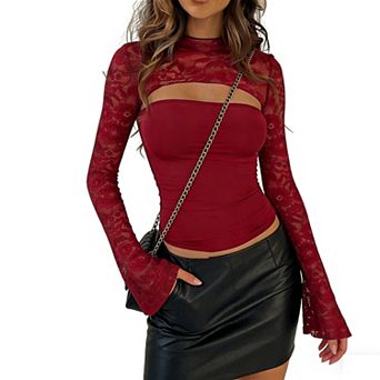 Women's Lace Long Sleeve Crop Top Mock Neck Cutout Sheer Party Top