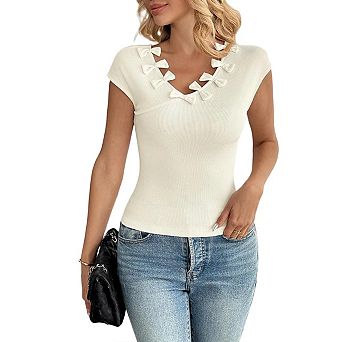 Womens Summer T Shirt Cap Sleeve V Neck Casual Shirt Cute Bow Collar Slim Fit Top
