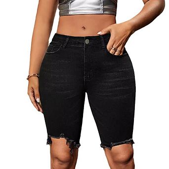 Women's High Waisted Bermuda Denim Shorts - Frayed Hem Distressed Knee-Length Shorts with Pockets