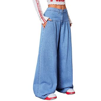 Women's Pleated High Waisted Wide Leg Denim Pants - Oversized Baggy Jeans with Pockets Streetwear