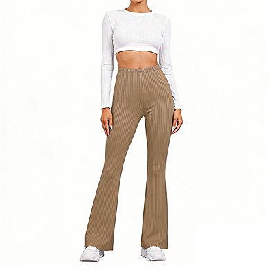 Women's Ribbed Knit Bootcut Pants Elastic Waistband Casual Daily Pants