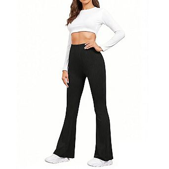 Women's Ribbed Knit Bootcut Pants Elastic Waistband Casual Daily Pants