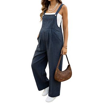 Women's Maternity Gingham Wide Leg Overalls with Pockets Adjustable Straps Casual Jumpsuit