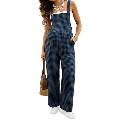 Women's Maternity Gingham Wide Leg Overalls with Pockets Adjustable Straps Casual Jumpsuit