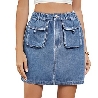 Women's Summer Elastic Waist Denim Skirt Casual Mini Skirt with Pockets