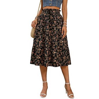 Women's Floral Print Tiered Midi Skirt Elastic High Waist Ruffle Casual Summer Skirt