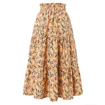 Women's Floral Print Tiered Midi Skirt Elastic High Waist Ruffle Casual Summer Skirt