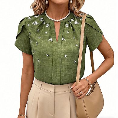 Women's Embroidered Split Neck Petal Sleeve Blouse - Textured Woven Casual Summer Top