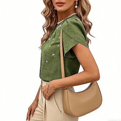 Women's Embroidered Split Neck Petal Sleeve Blouse - Textured Woven Casual Summer Top