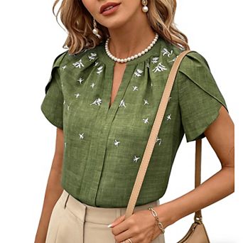 Women's Embroidered Split Neck Petal Sleeve Blouse - Textured Woven Casual Summer Top