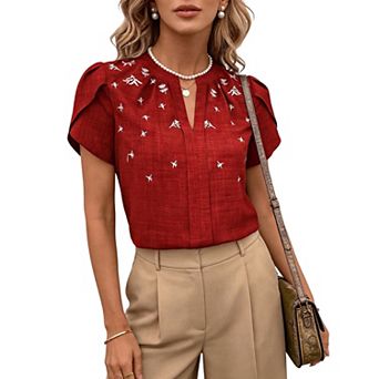 Women's Embroidered Split Neck Petal Sleeve Blouse - Textured Woven Casual Summer Top