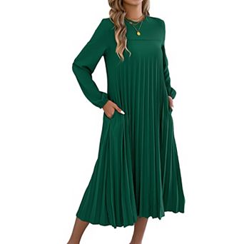 Women's Long Sleeve Pleated Midi Dress with Pockets Round Neck Casual Dress-No Belt