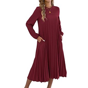 Women's Long Sleeve Pleated Midi Dress with Pockets Round Neck Casual Dress-No Belt