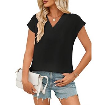 Women's Summer V Neck Dolman Short Sleeve Boho Blouse Casual Satin Shirt Soft Loose Fit Top