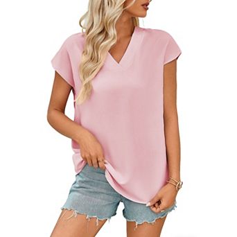 Women's Summer V Neck Dolman Short Sleeve Boho Blouse Casual Satin Shirt Soft Loose Fit Top