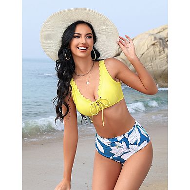 Women's Scalloped V neck Bikini Top and Bottom Set Summer Bathing Suit Two Piece Swimsuit