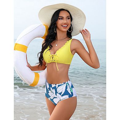 Women's Scalloped V neck Bikini Top and Bottom Set Summer Bathing Suit Two Piece Swimsuit