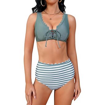 Women's Scalloped V neck Bikini Top and Bottom Set Summer Bathing Suit Two Piece Swimsuit