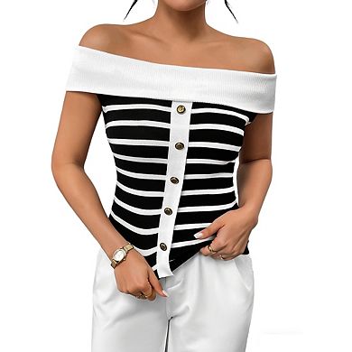 Women's Striped Knit Off Shoulder Top Front Button Sleeveless Fitted Shirts