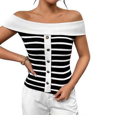 Women's Striped Knit Off Shoulder Top Front Button Sleeveless Fitted Shirts
