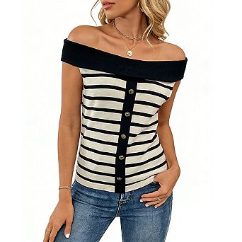 Women's Striped Knit Off Shoulder Top Front Button Sleeveless Fitted Shirts