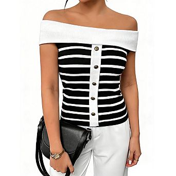 Women's Striped Knit Off Shoulder Top Front Button Sleeveless Fitted Shirts