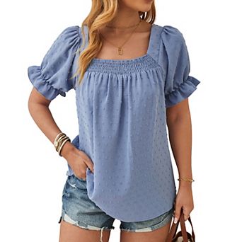 Women's Summer Swiss Dot Puff Short Sleeve Smocked Blouse Casual Square Neck Shirt Summer Swing Top