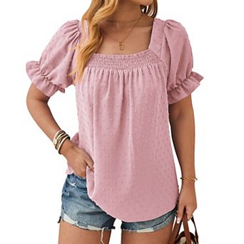 Women's Summer Swiss Dot Puff Short Sleeve Smocked Blouse Casual Square Neck Shirt Summer Swing Top